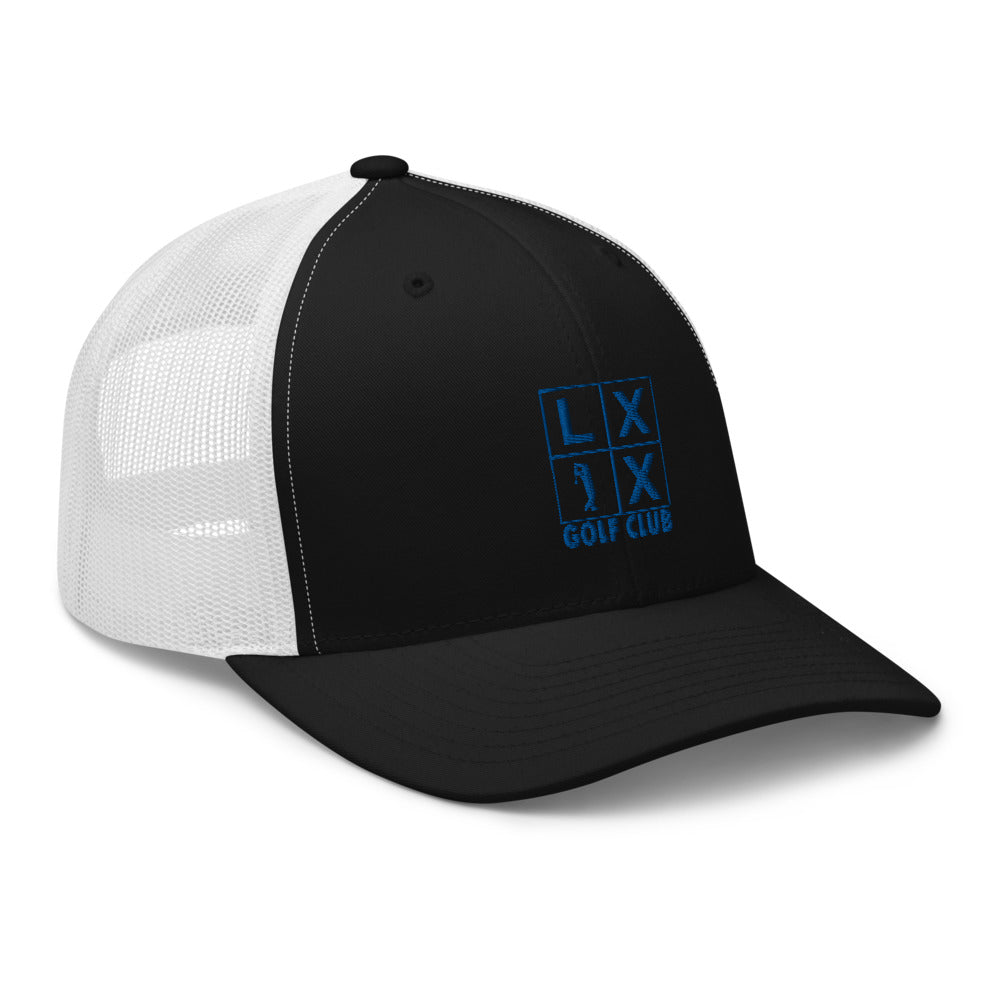 Four Box Logo Trucker Hat — Mesh-Back Snapback Cap (Blue Logo)