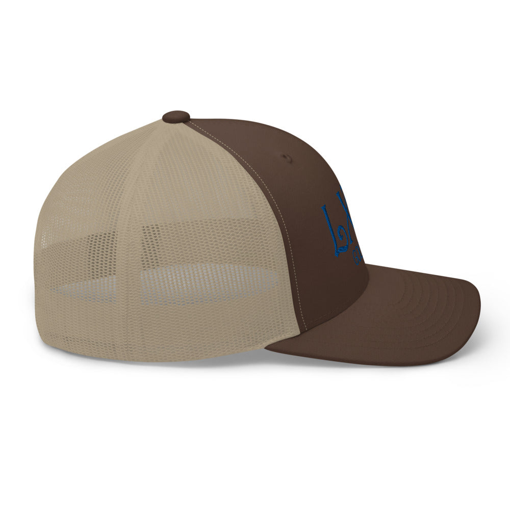Curve Logo Trucker Hat — Mesh-Back Snapback Cap (Blue Logo)