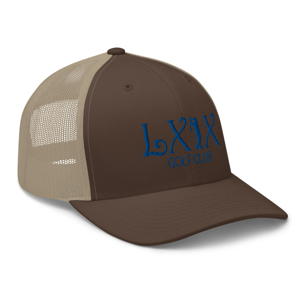 Curve Logo Trucker Hat — Mesh-Back Snapback Cap (Blue Logo)
