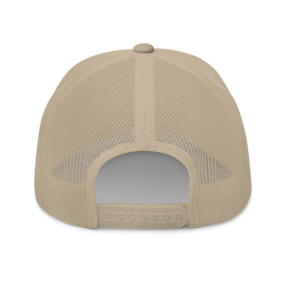 Curve Logo Trucker Hat — Mesh-Back Snapback Cap (Blue Logo)