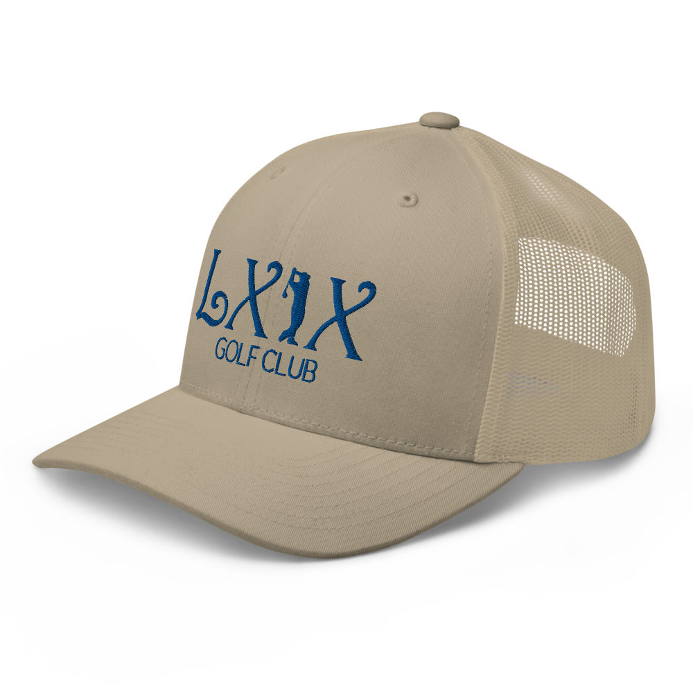 Curve Logo Trucker Hat — Mesh-Back Snapback Cap (Blue Logo)