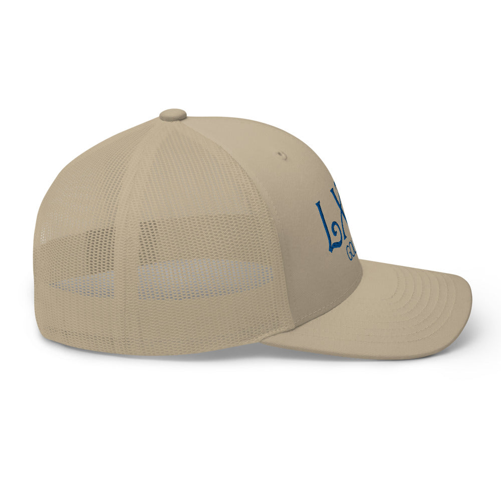 Curve Logo Trucker Hat — Mesh-Back Snapback Cap (Blue Logo)