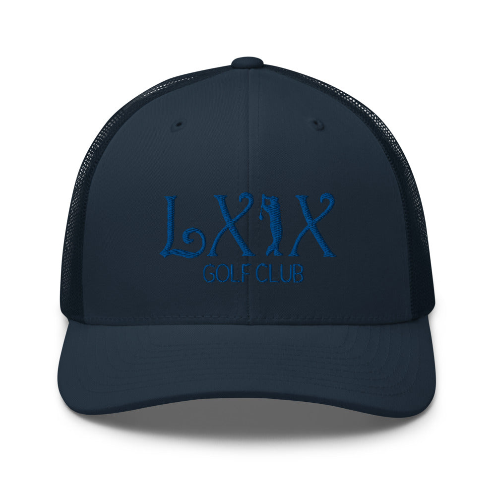 Curve Logo Trucker Hat — Mesh-Back Snapback Cap (Blue Logo)