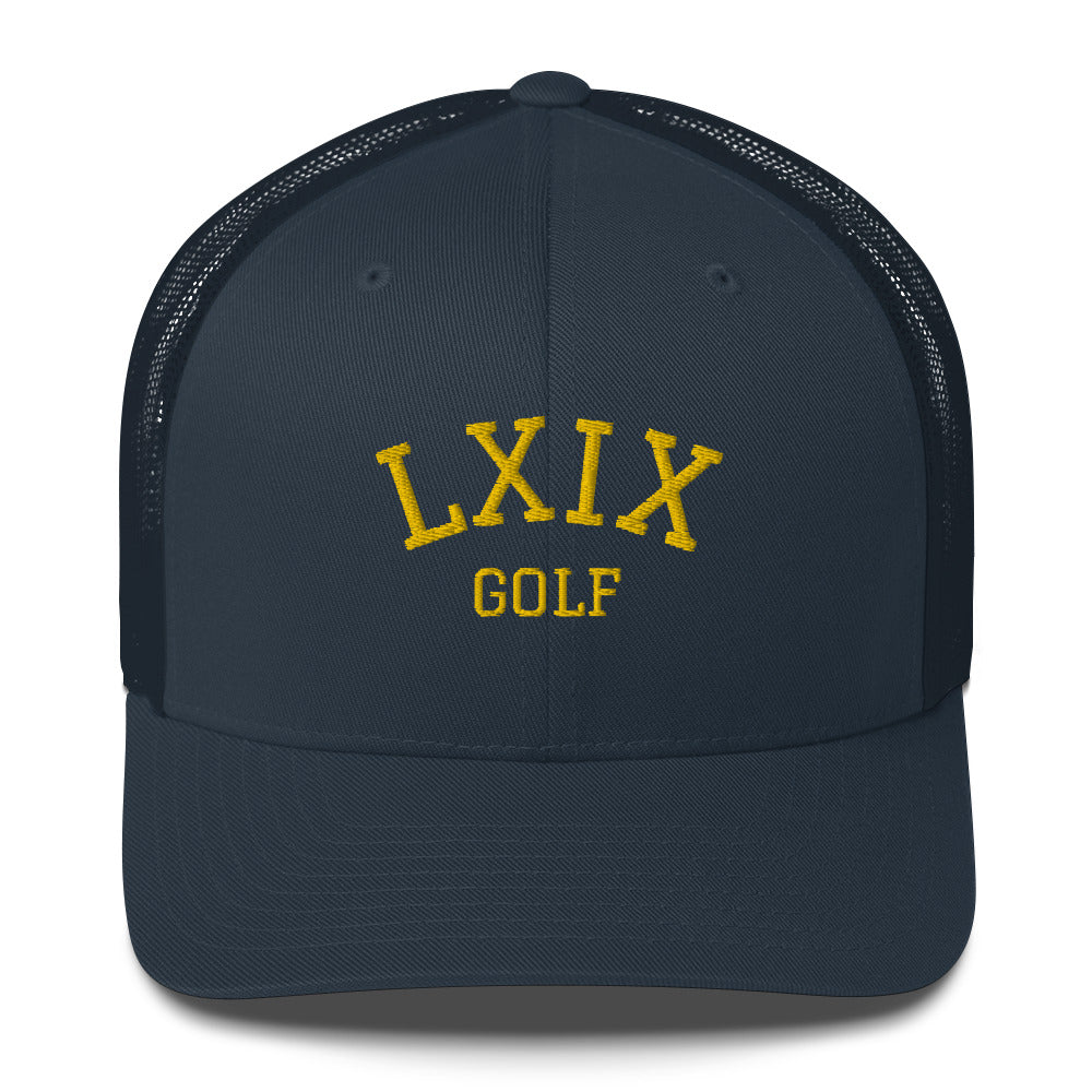 LXIX Collegiate Arch Trucker Hat — Mesh-Back Snapback Cap