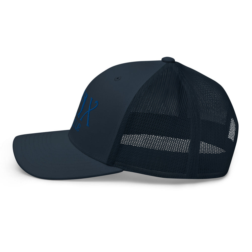 Curve Logo Trucker Hat — Mesh-Back Snapback Cap (Blue Logo)