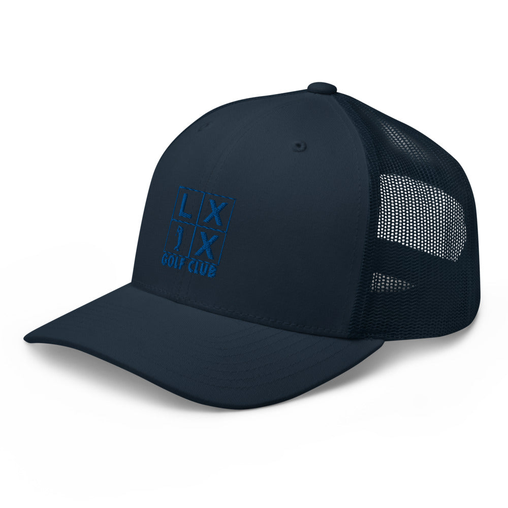 Four Box Logo Trucker Hat — Mesh-Back Snapback Cap (Blue Logo)