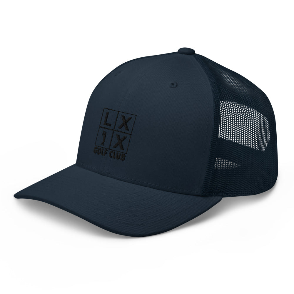 Four Box Logo Trucker Hat — Mesh-Back Snapback Cap (Black Logo)