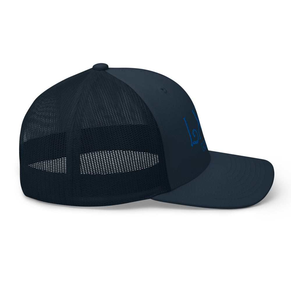 Curve Logo Trucker Hat — Mesh-Back Snapback Cap (Blue Logo)
