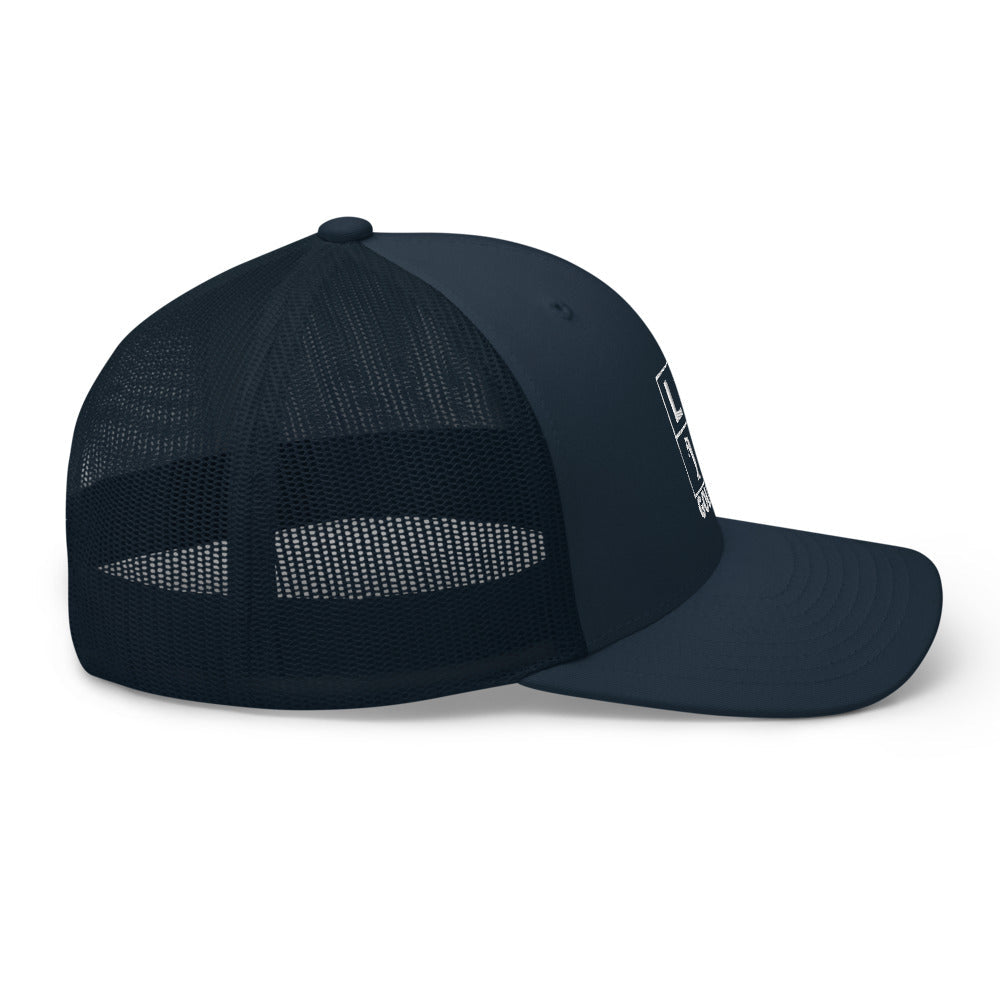 Four Box Logo Trucker Hat — Mesh-Back Snapback Cap (White Logo)