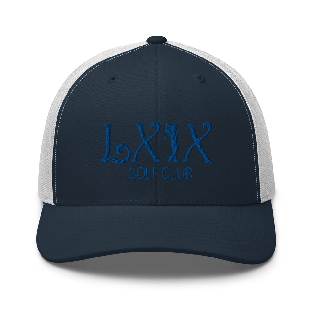 Curve Logo Trucker Hat — Mesh-Back Snapback Cap (Blue Logo)