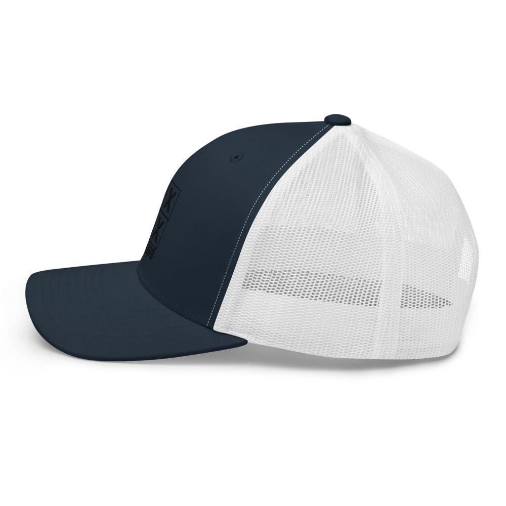 Four Box Logo Trucker Hat — Mesh-Back Snapback Cap (Black Logo)