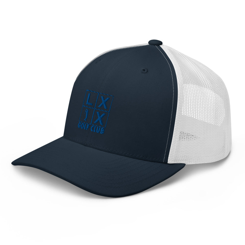 Four Box Logo Trucker Hat — Mesh-Back Snapback Cap (Blue Logo)