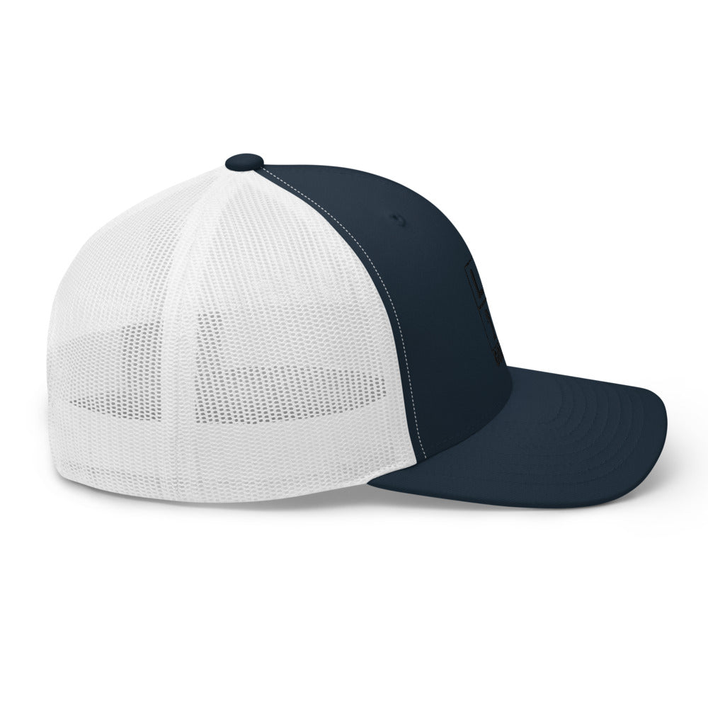 Four Box Logo Trucker Hat — Mesh-Back Snapback Cap (Black Logo)