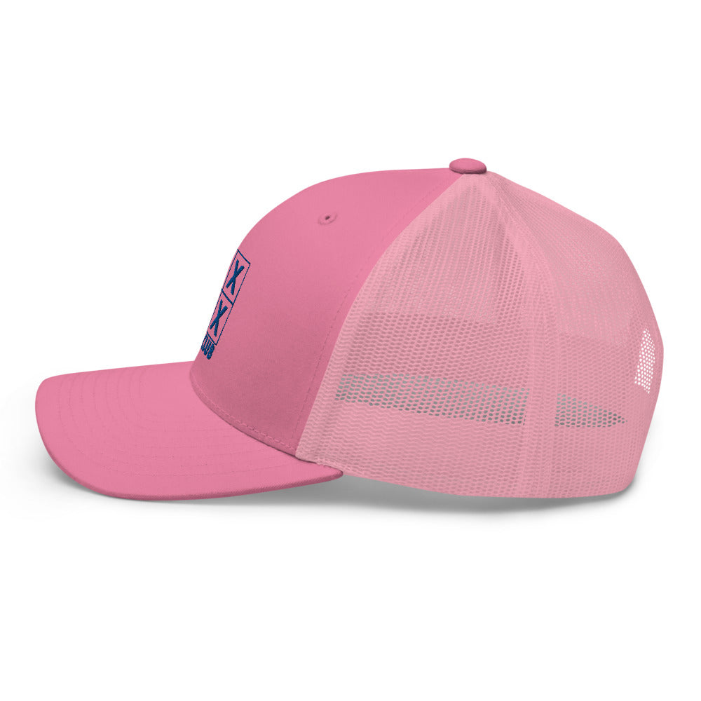 Four Box Logo Trucker Hat — Mesh-Back Snapback Cap (Blue Logo)