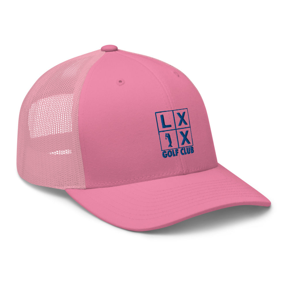 Four Box Logo Trucker Hat — Mesh-Back Snapback Cap (Blue Logo)