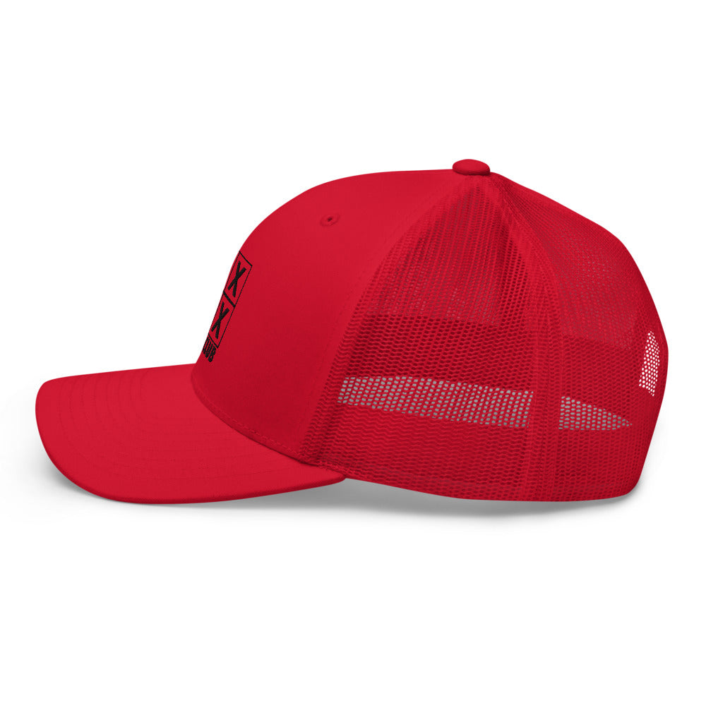 Four Box Logo Trucker Hat — Mesh-Back Snapback Cap (Black Logo)