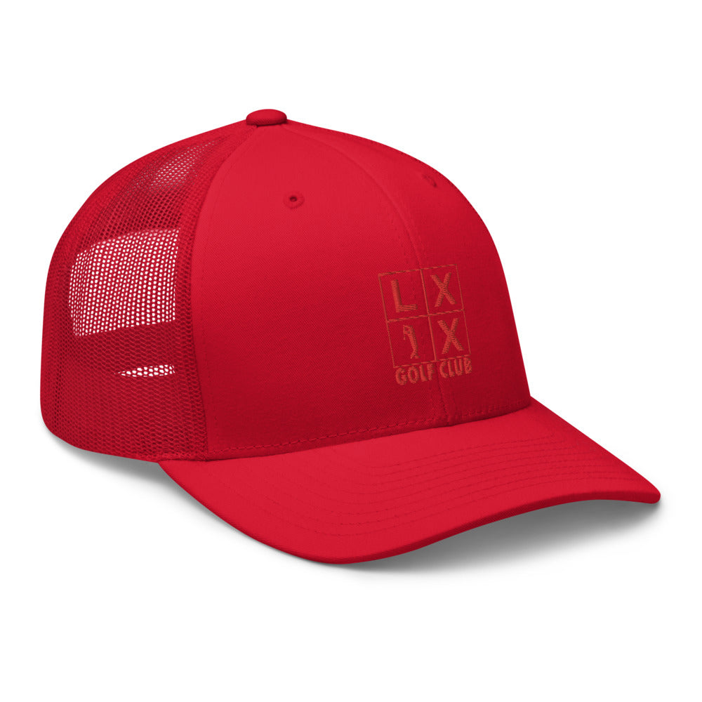 Four Box Logo Trucker Hat — Mesh-Back Snapback Cap (Red Logo)