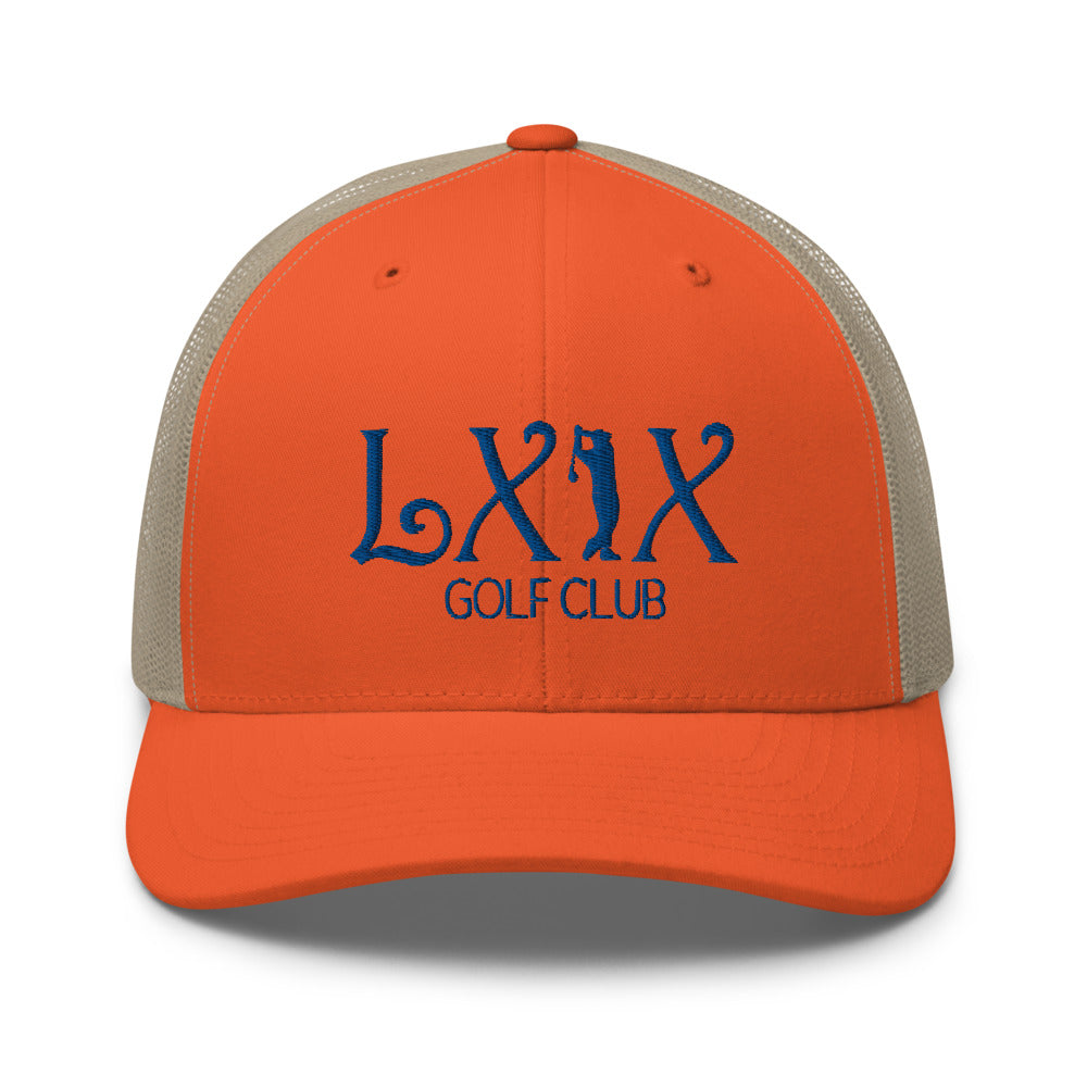 Curve Logo Trucker Hat — Mesh-Back Snapback Cap (Blue Logo)