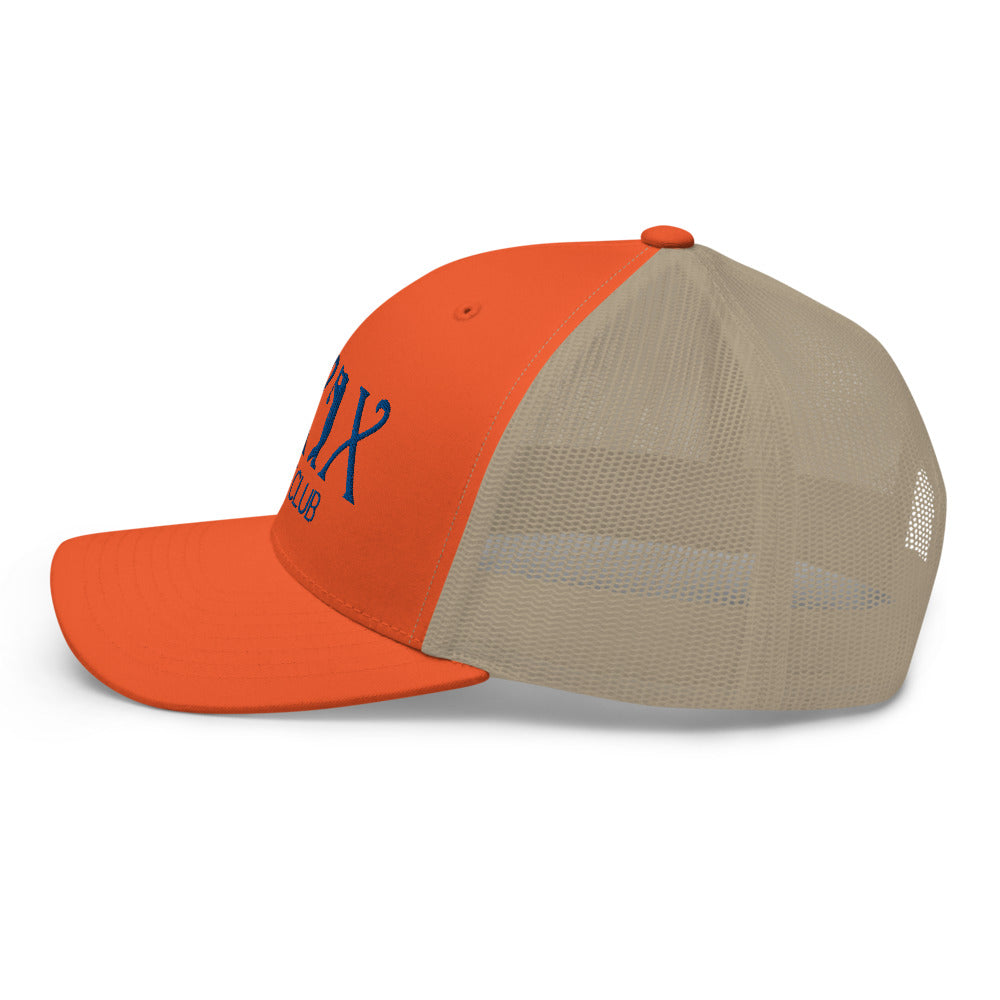 Curve Logo Trucker Hat — Mesh-Back Snapback Cap (Blue Logo)
