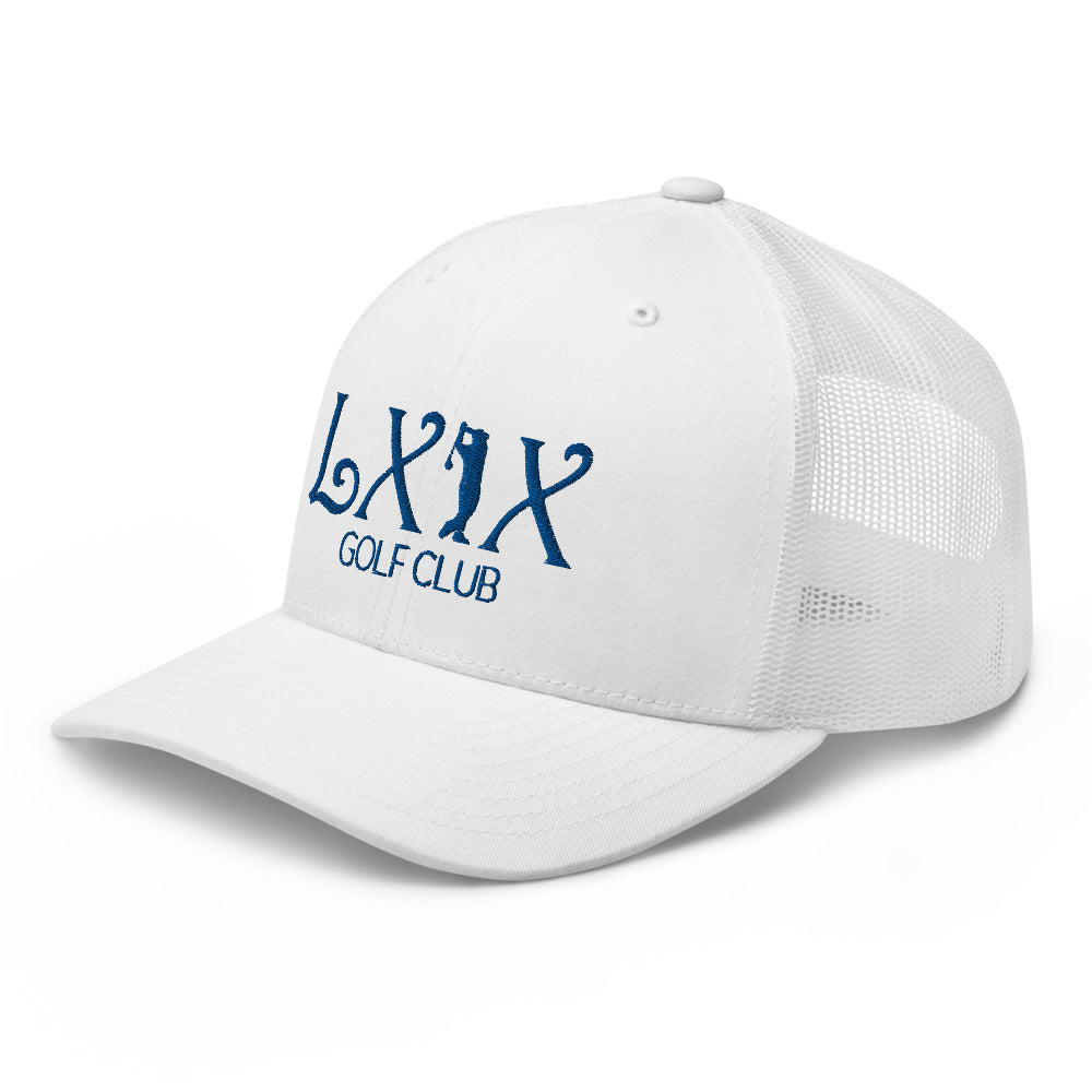 Curve Logo Trucker Hat — Mesh-Back Snapback Cap (Blue Logo)