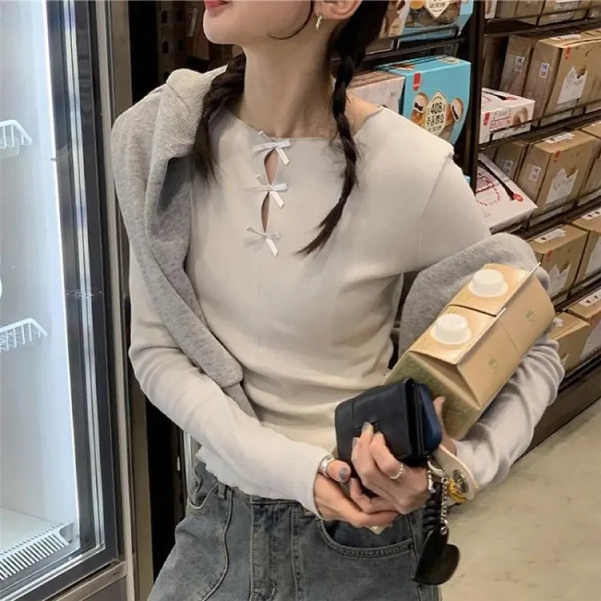 Ribbed Bow Tie Knit Top – Y2K E-Girl Slim Fit Long Sleeve Tee