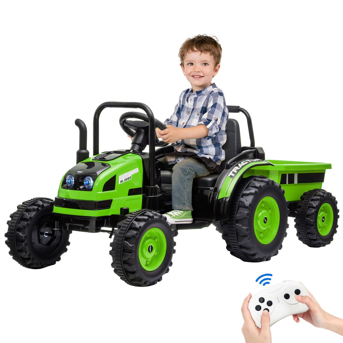 12V Battery-Powered Ride-On Tractor Car with Power Wheels and Parental Remote Control for Kids
