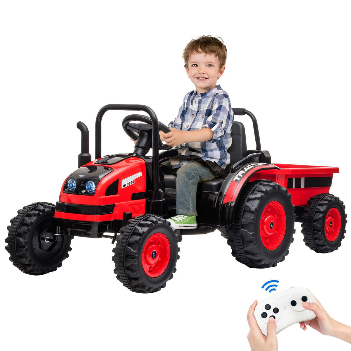 12V Battery-Powered Ride-On Tractor Car with Power Wheels and Parental Remote Control for Kids