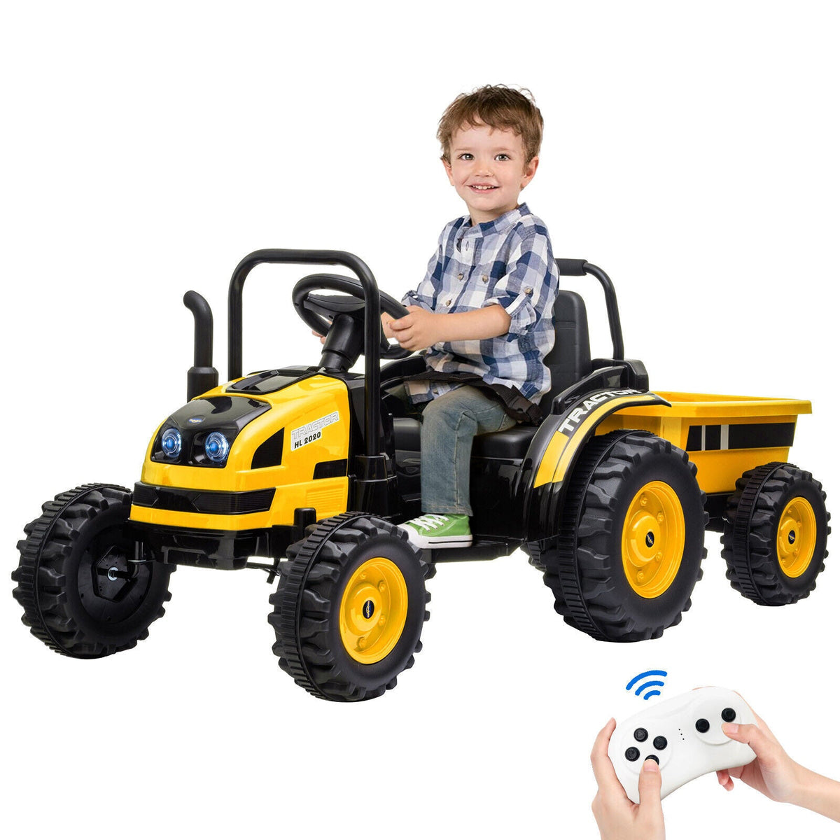 12V Battery-Powered Ride-On Tractor Car with Power Wheels and Parental Remote Control for Kids