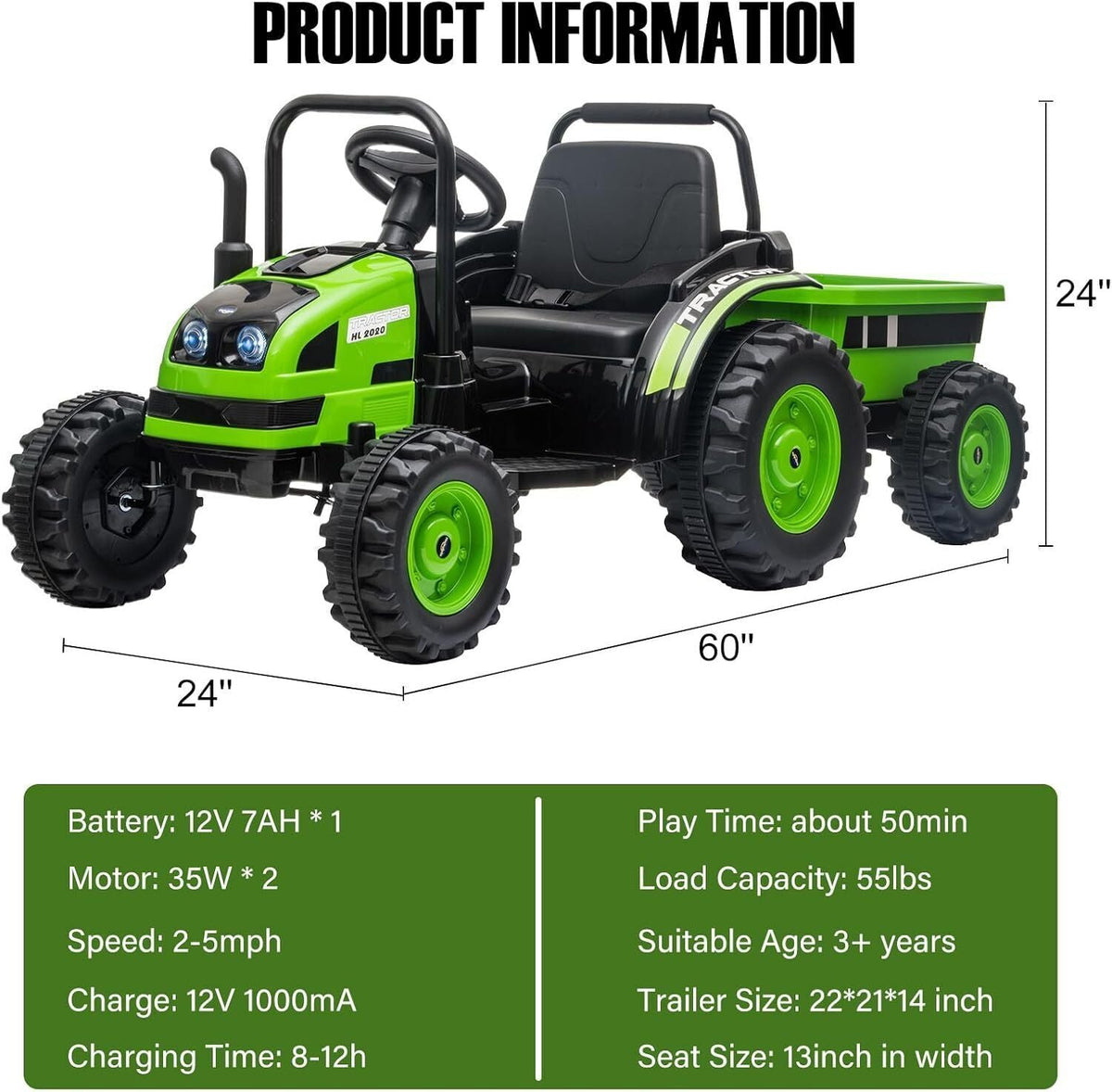 12V Battery-Powered Ride-On Tractor Car with Power Wheels and Parental Remote Control for Kids
