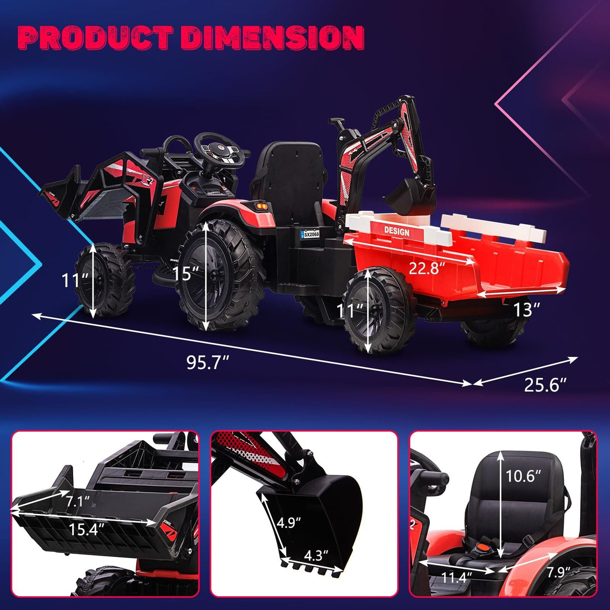 24V Electric Ride-On Tractor for Kids with Trailer, Excavator, and Bulldozer Attachments