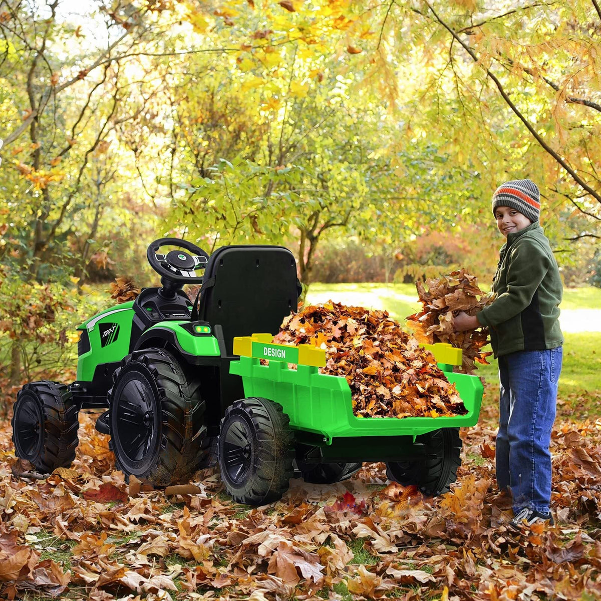24V Electric Ride-On Tractor for Kids with Trailer, Excavator, and Bulldozer Attachments