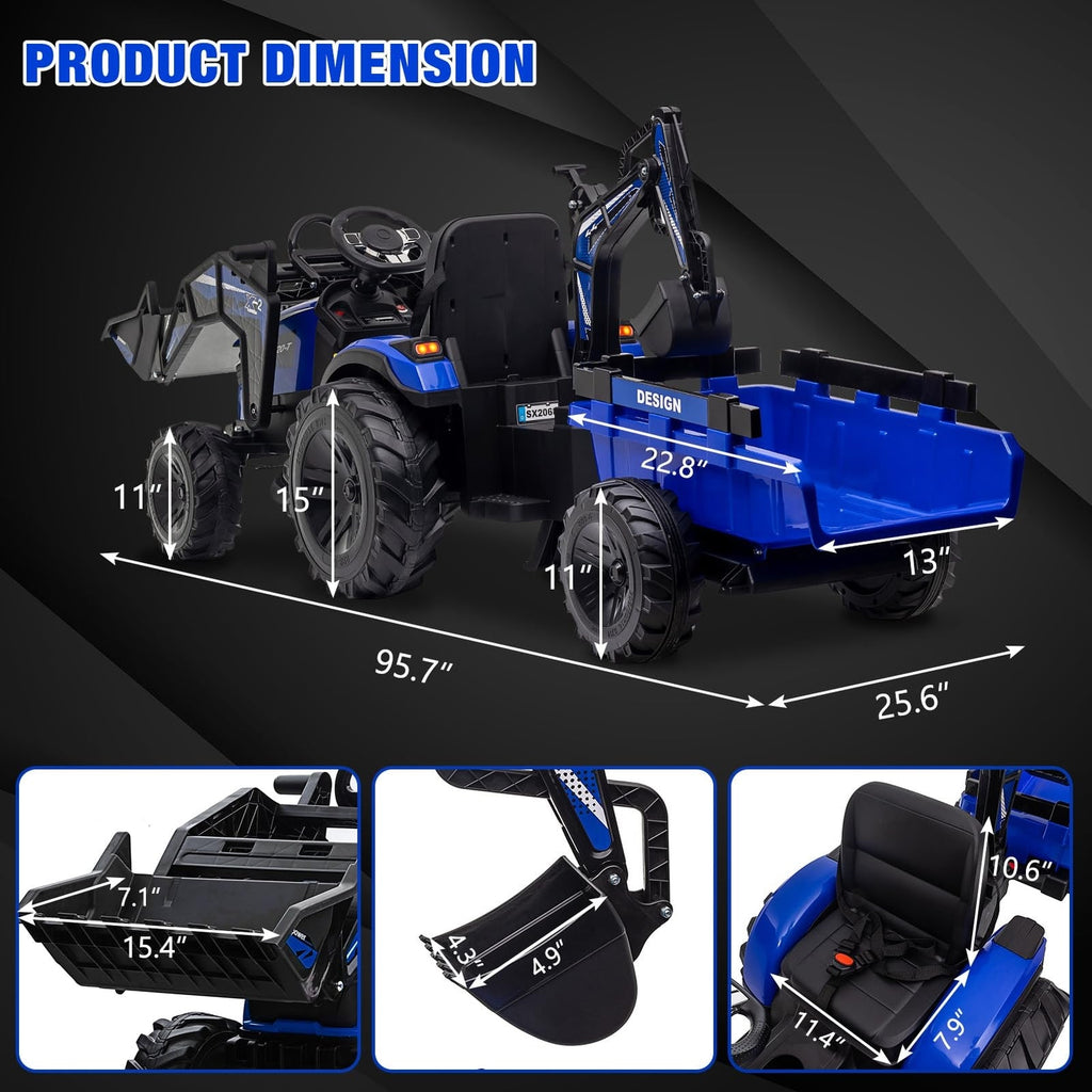 24V Electric Ride-On Tractor for Kids with Trailer, Excavator, and Bulldozer Attachments