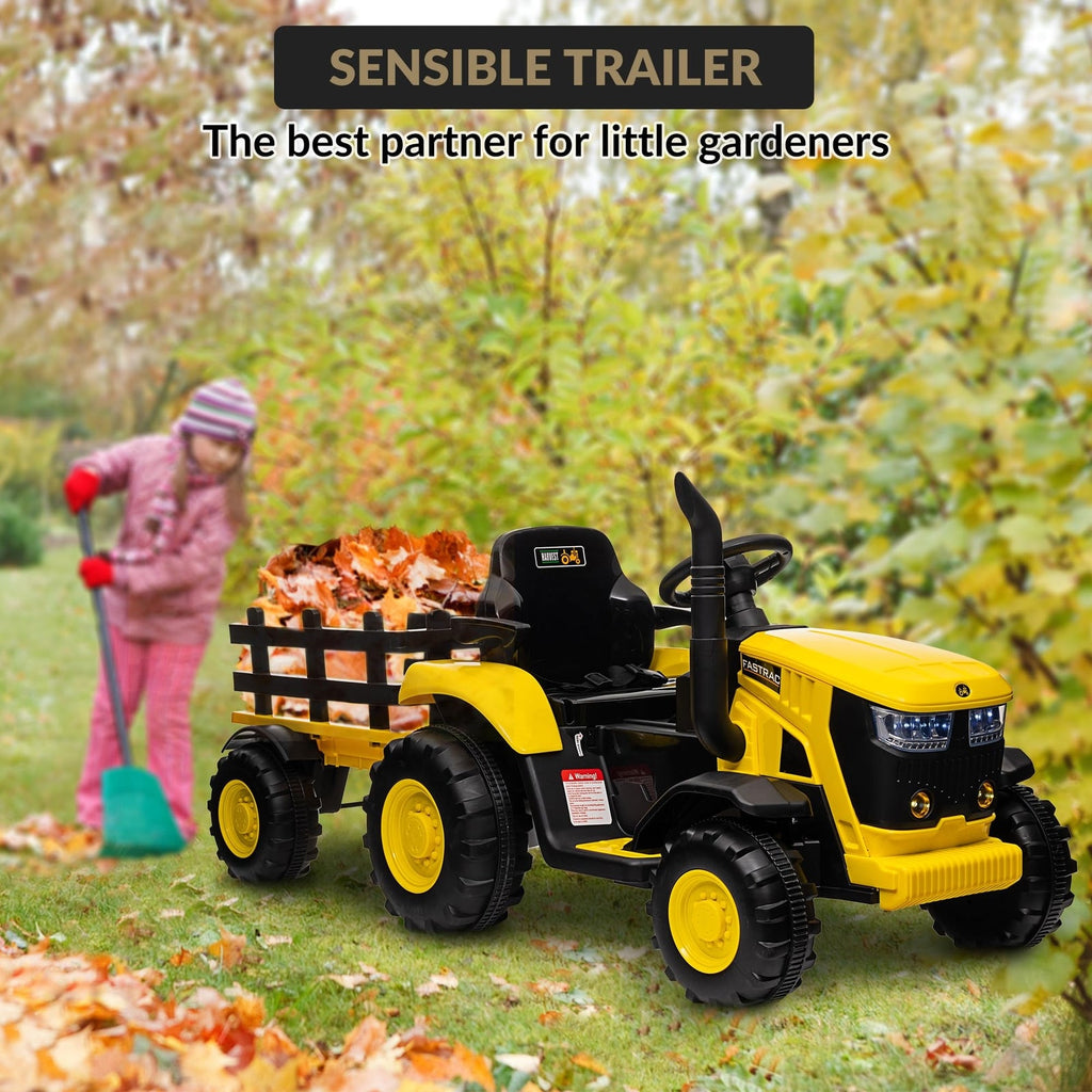 12V Electric Ride-On Tractor with Trailer for Kids, Battery Powered Vehicle