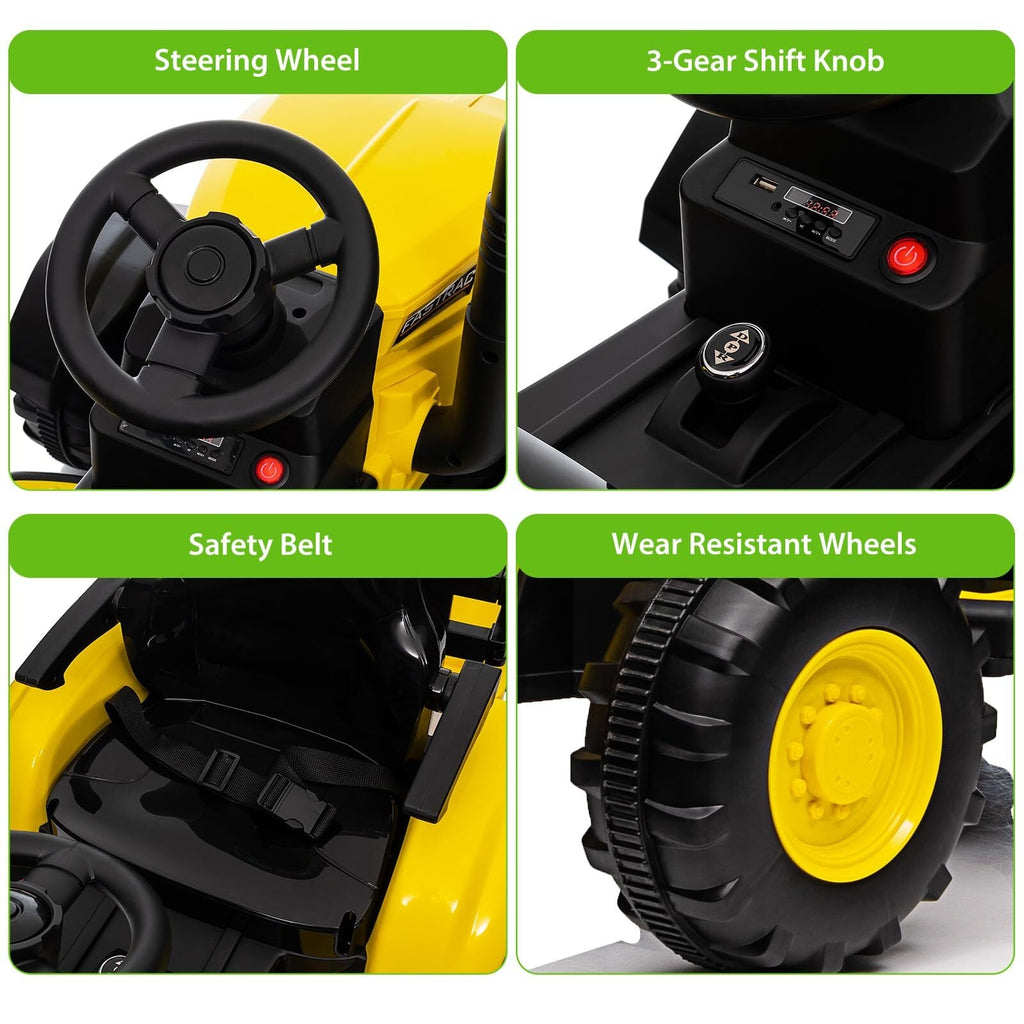 12V Electric Ride-On Tractor with Trailer for Kids, Battery Powered Vehicle