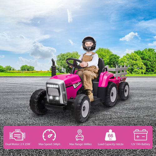 12V Battery-Powered Electric Ride-On Tractor Toy with Trailer and Remote Control