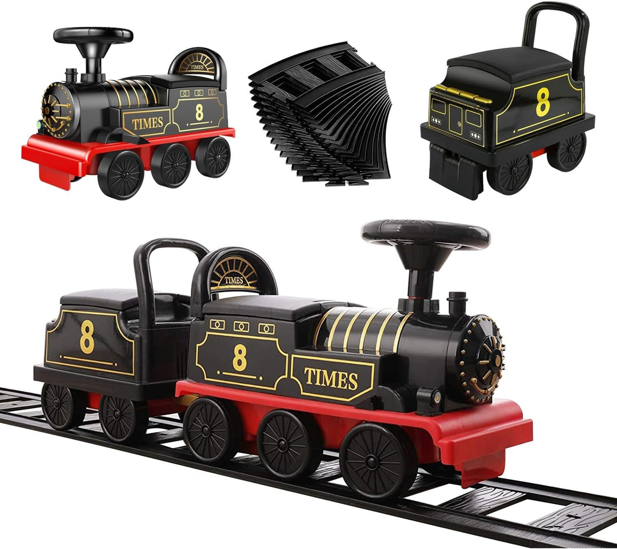 Electric Ride-On Train Set with Track, 2-Seater Cargo Car, Music and Lights