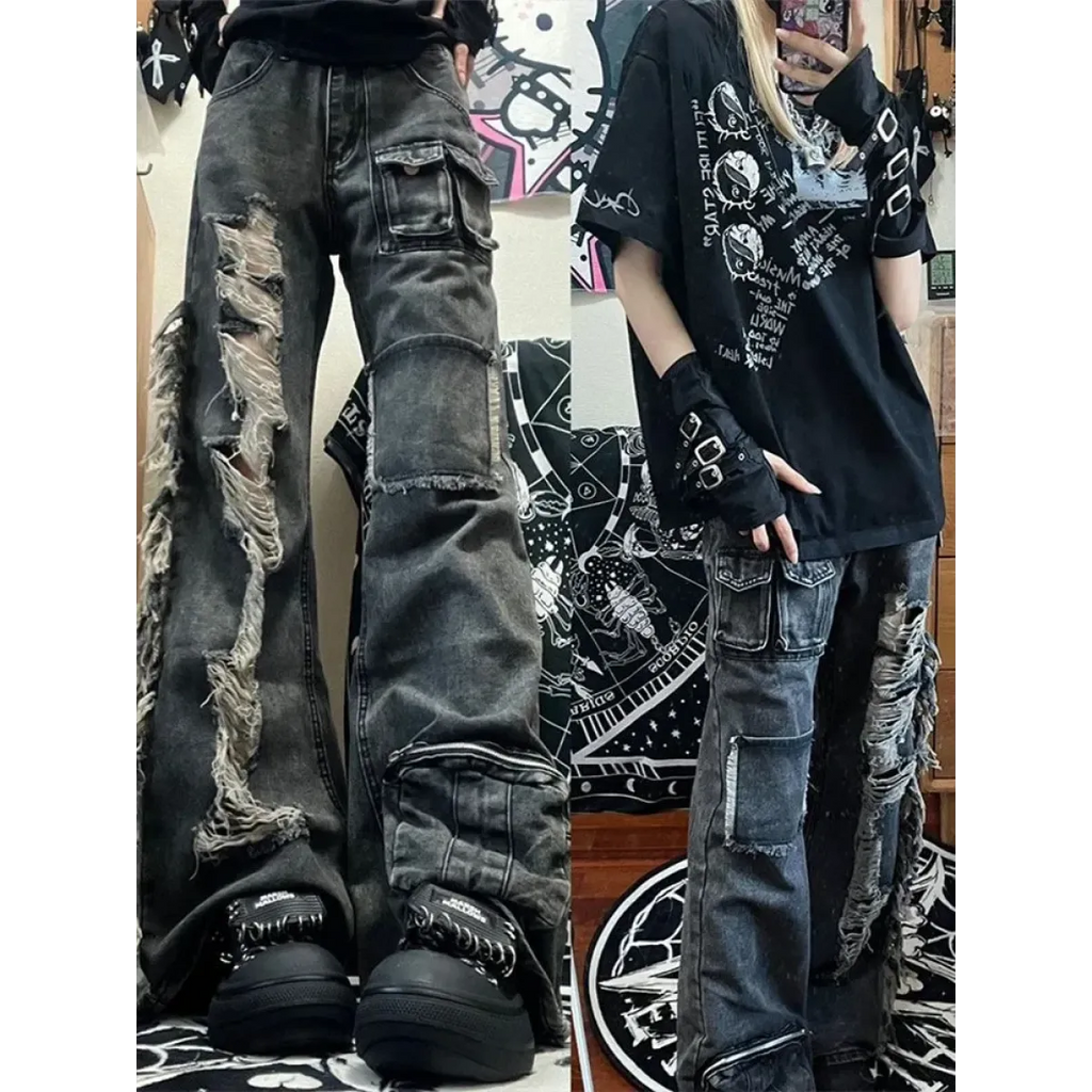 Ripped Cargo Jeans – Y2K E-Girl High Waist Streetwear Denim