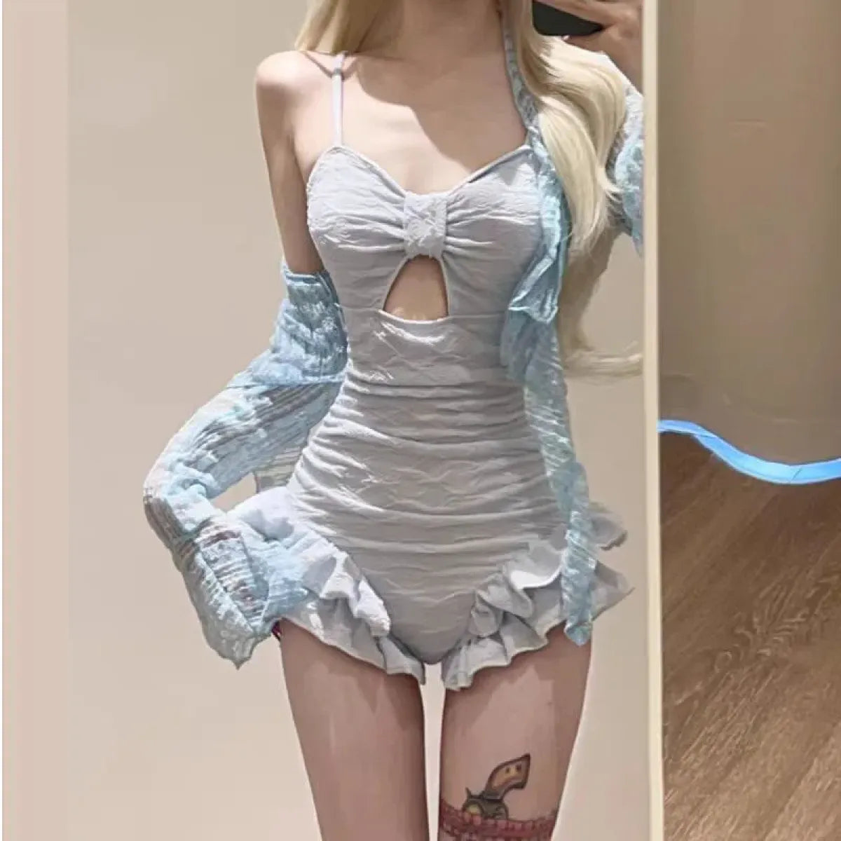 Ruched Ruffle Bodysuit Bikini – Korean Swimsuit Set with Mesh Cover