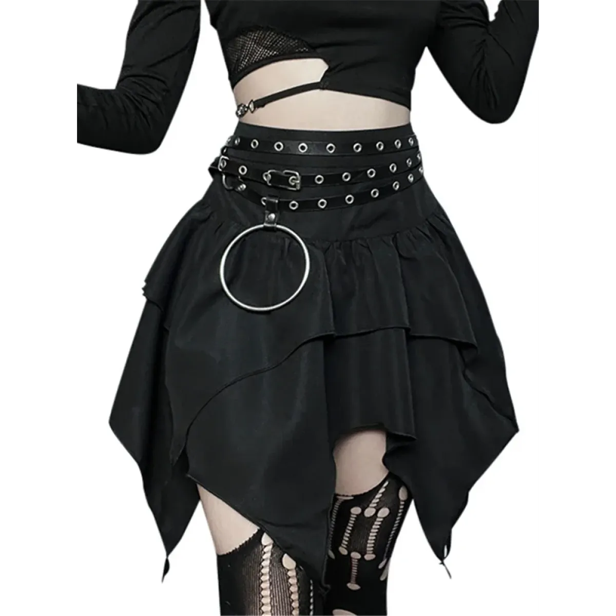 Gothic Punk Ruffle Skirt – Irregular Hem Drawstring Tie-Up Mini Skirt