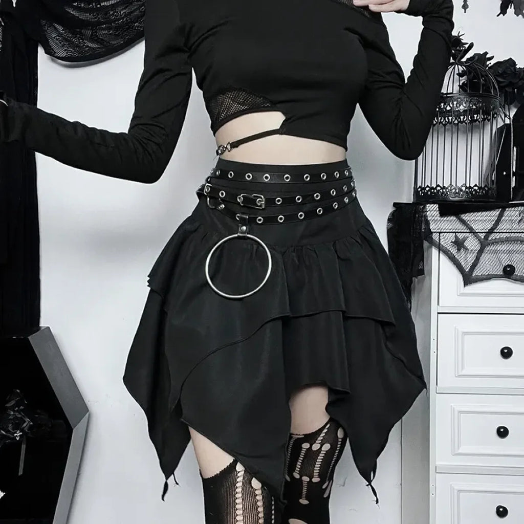 Gothic Punk Ruffle Skirt – Irregular Hem Drawstring Tie-Up Mini Skirt