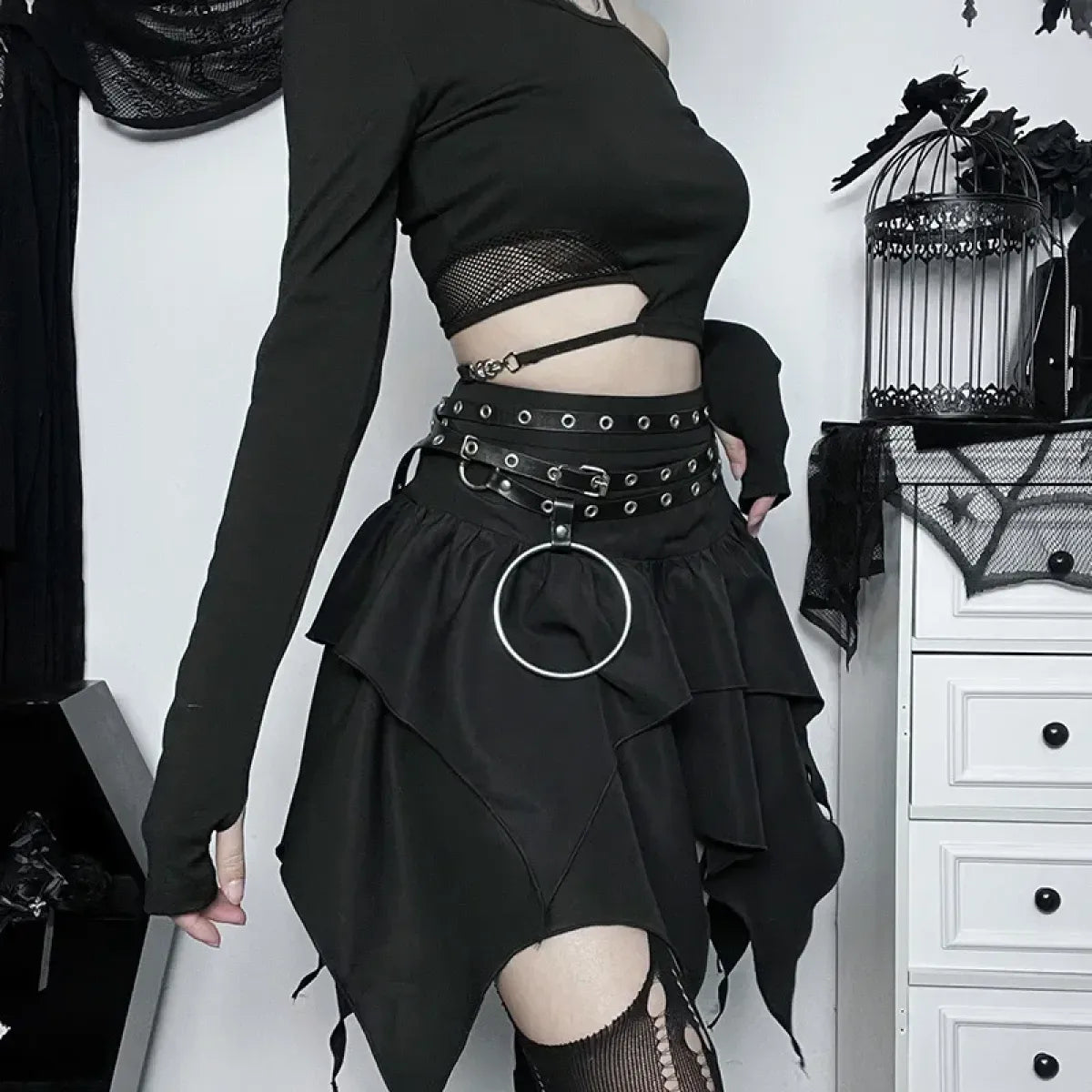 Gothic Punk Ruffle Skirt – Irregular Hem Drawstring Tie-Up Mini Skirt