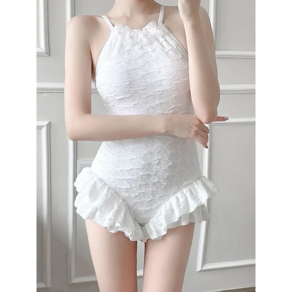 Textured Swimsuit – Ruffled Hem Halter One-Piece Beachwear
