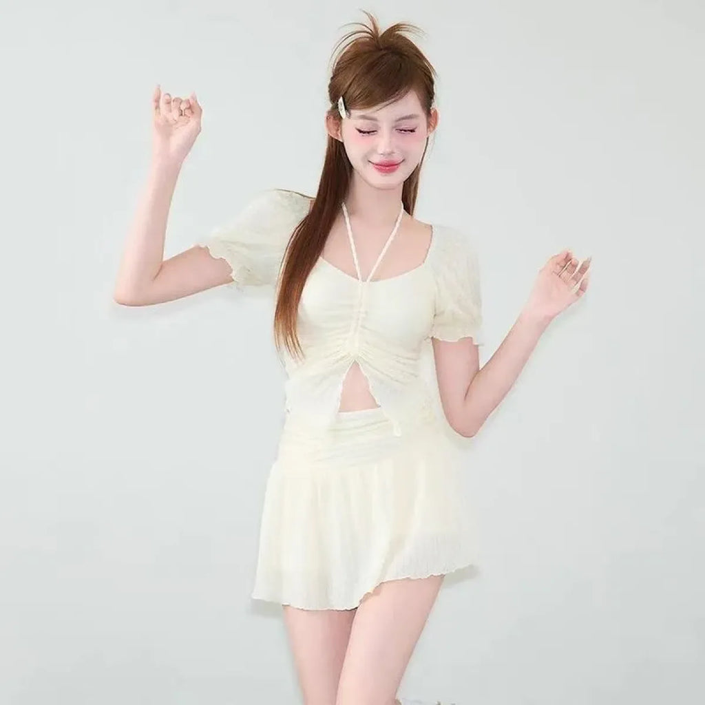 Ruffle Sleeve Bikini Set – Lace Trim Puff Top with Skirt Cover-Up