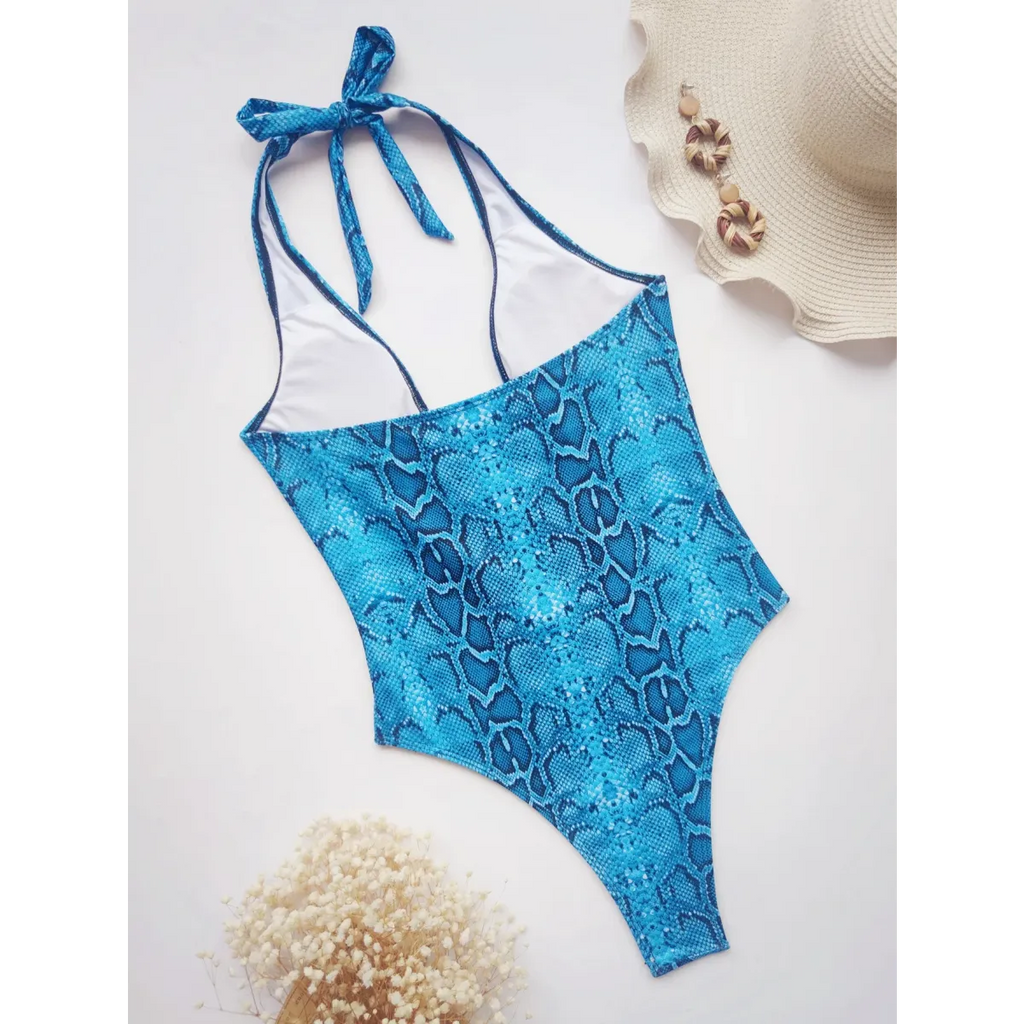 Snake Print Cutout One-Piece – Deep V Thong Swimwear