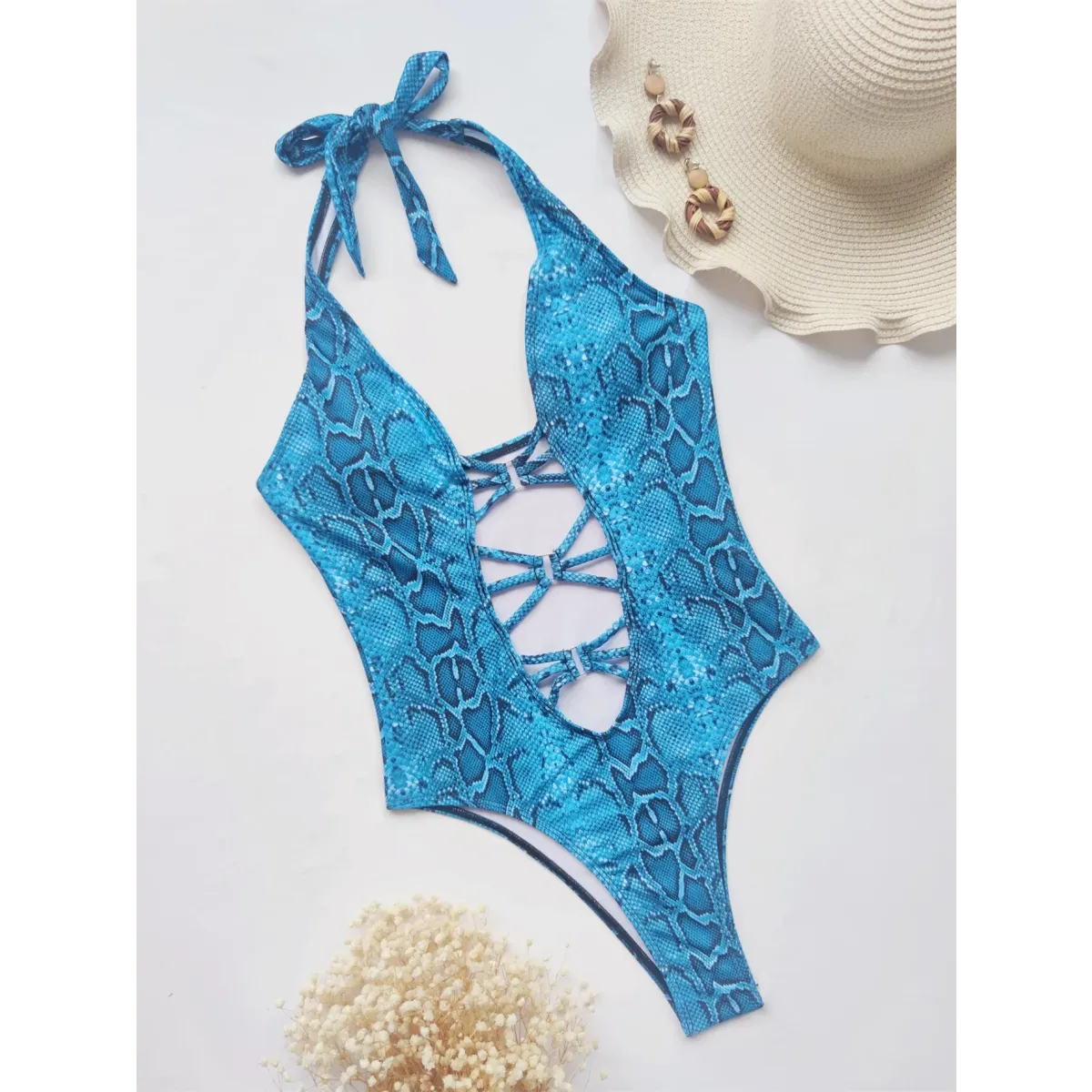 Snake Print Cutout One-Piece – Deep V Thong Swimwear