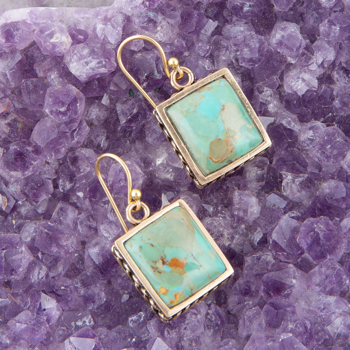 Squared Up Blue Turquoise Golden Drop Earrings