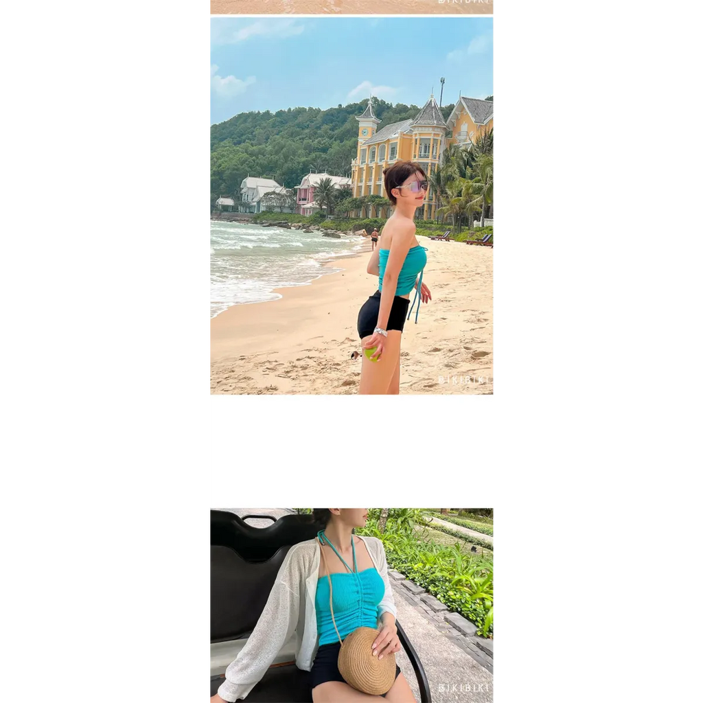 Strapless Bikini Set – High Waisted Black Contrast Lace Up Swimsuit