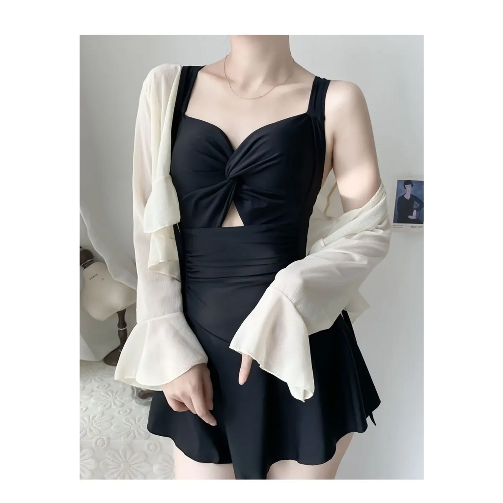 Pleated Cutout Swimsuit Dress – Korean Sexy Summer 2025 Swimwear