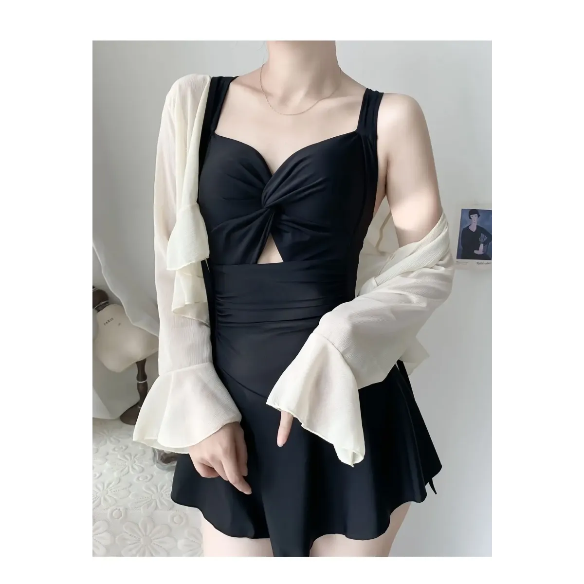 Pleated Cutout Swimsuit Dress – Korean Sexy Summer 2025 Swimwear