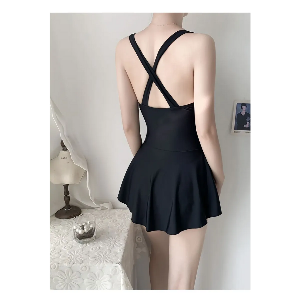 Pleated Cutout Swimsuit Dress – Korean Sexy Summer 2025 Swimwear